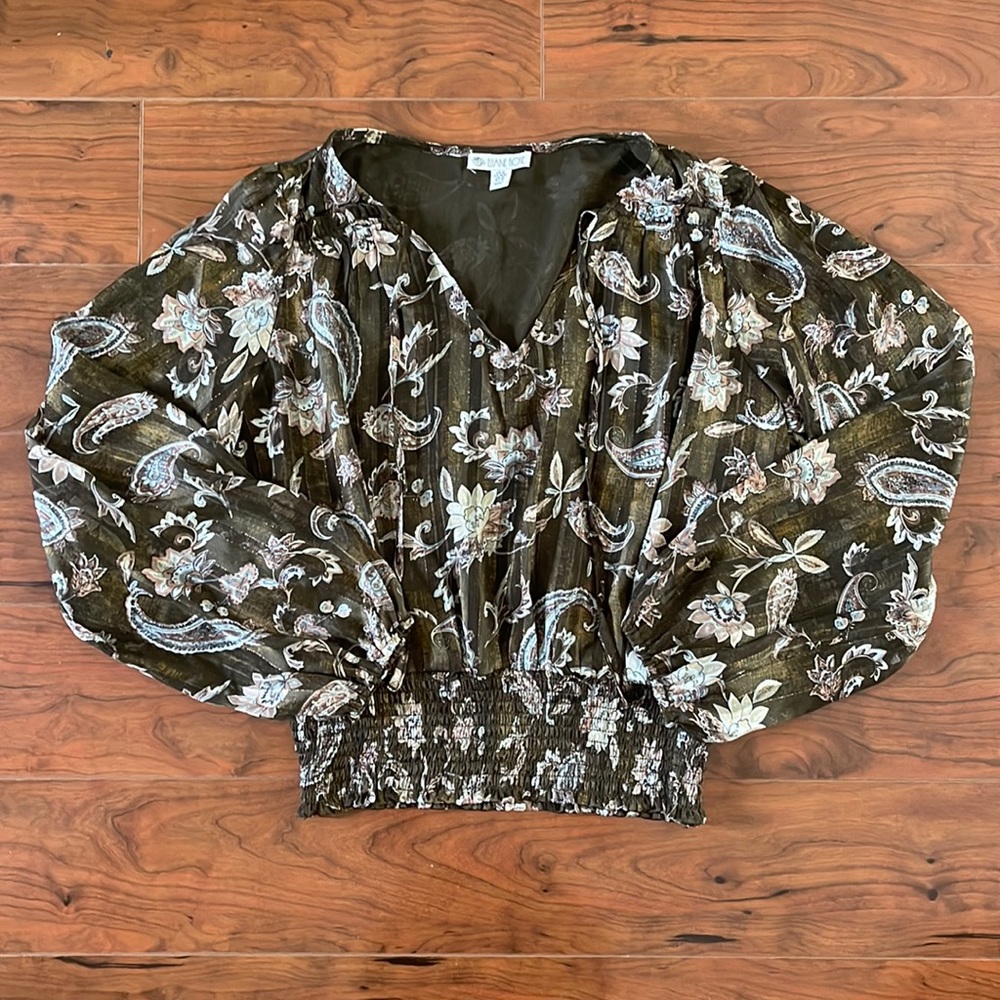 Eliane Rose Brown Floral V Neck Cuffed Sleeve Ruched Blouse Shirt Top